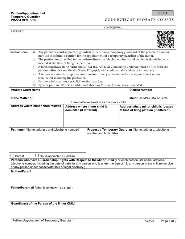 First page of Petition/Appointment of Temporary Guardian