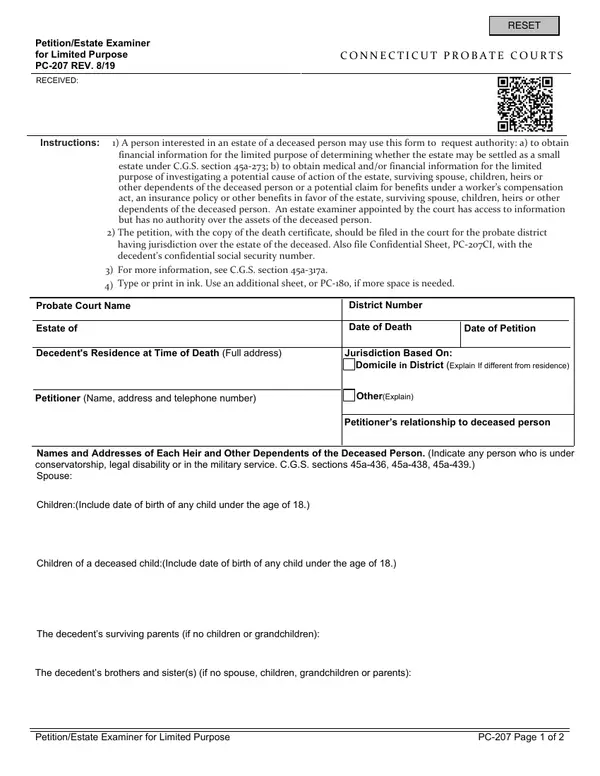 First page of Petition/Estate Examiner for Limited Purpose