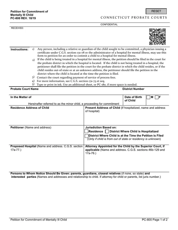 First page of Petition for Commitment of Mentally Ill Child
