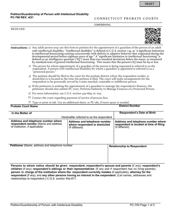 First page of Petition/Guardianship of Person with Intellectual Disability