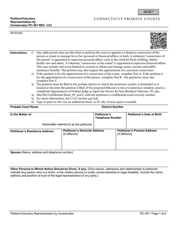 First page of Petition/Voluntary Representation by Conservator