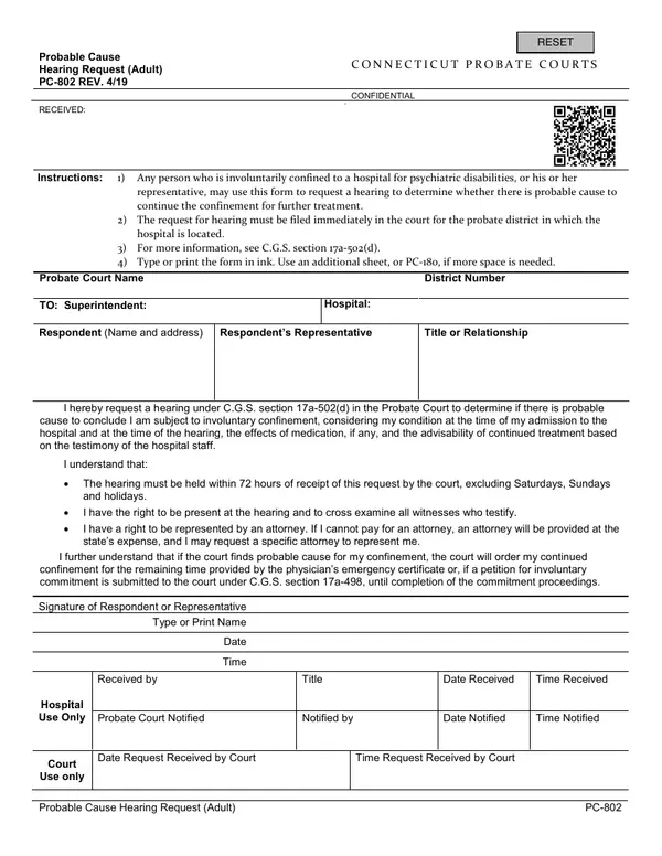 First page of Probable Cause Hearing Request (Adult)