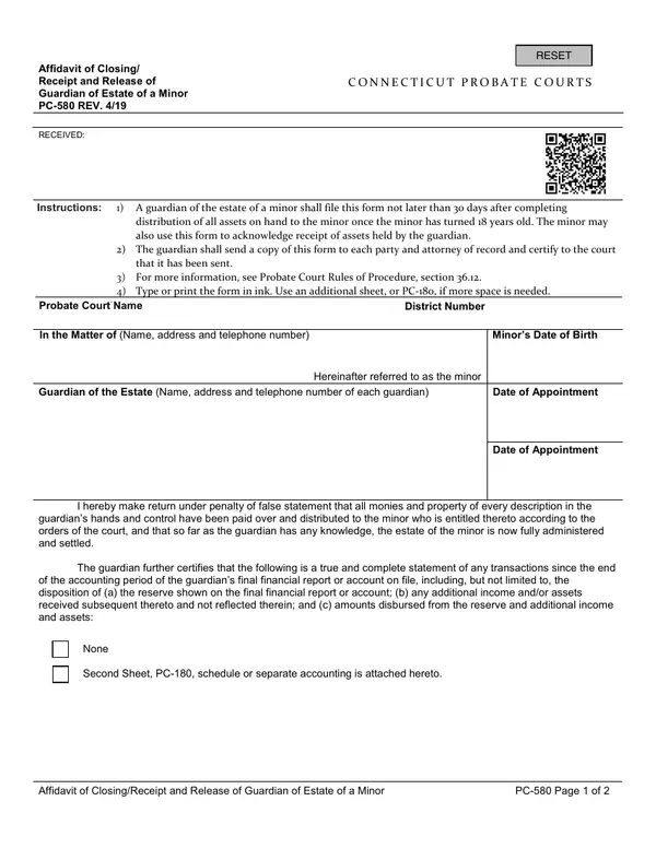 First page of Affidavit of Closing/Receipt and Release of Guardian of Estate of a Minor
