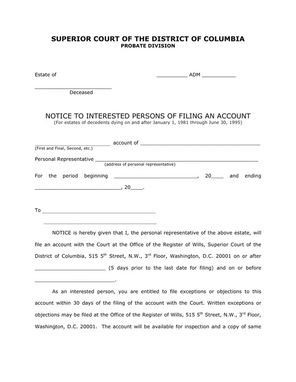 First page of Notice to Interested Persons of Filing an Account