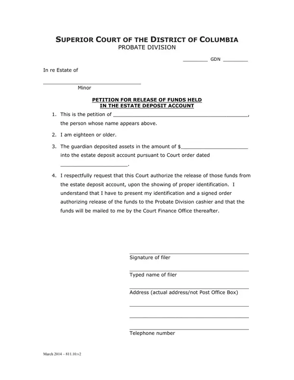 First page of Petition for Release of Funds Held in the Estate Deposit Account
