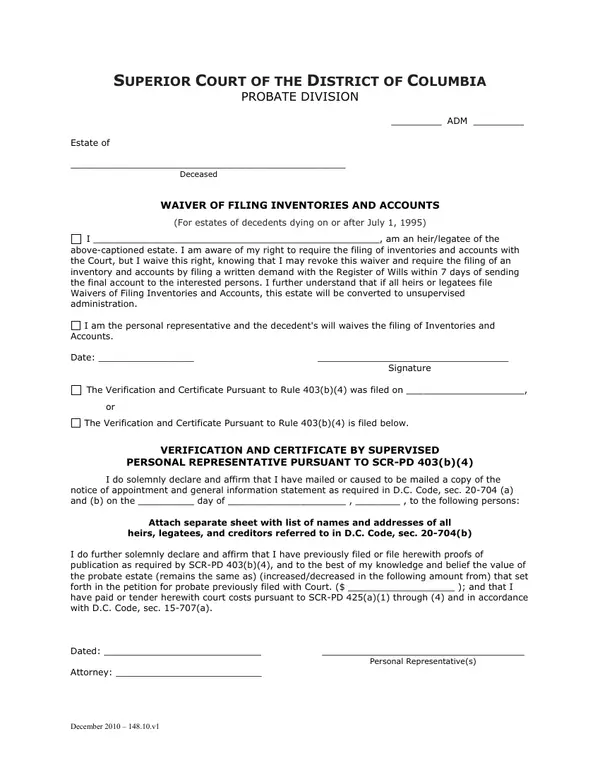 First page of Waiver of Filing Inventories and Accounts