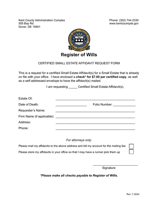 First page of Certified Small Estate Affidavit Request Form