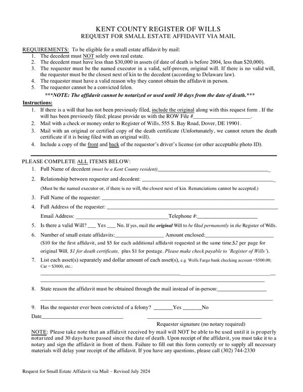 First page of Request for Small Estate Affidavit via Mail