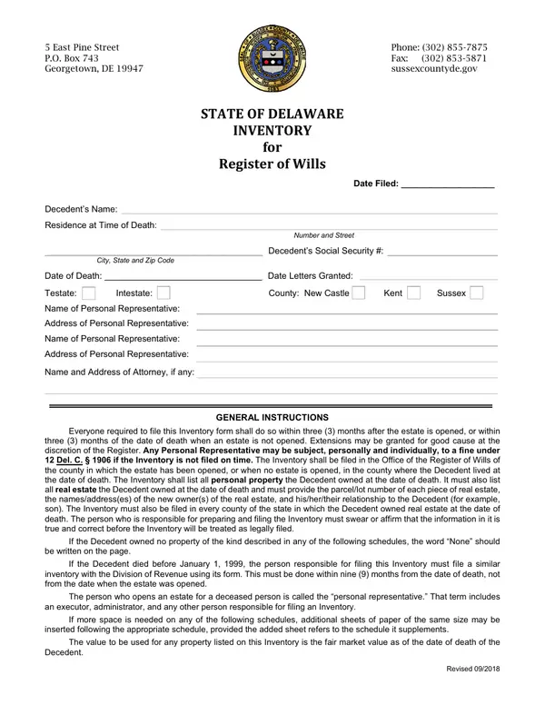 First page of STATE OF DELAWARE INVENTORY for Register of Wills