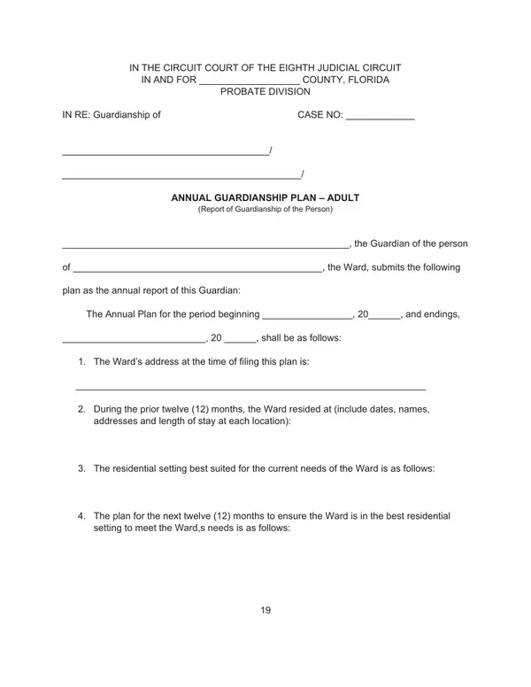 First page of Annual Guardianship Plan – Adult (Report of Guardianship of the Person)