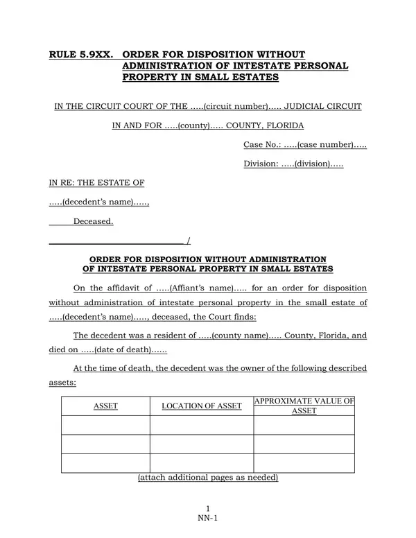 First page of Order for Disposition Without Administration of Intestate Personal Property in Small Estates