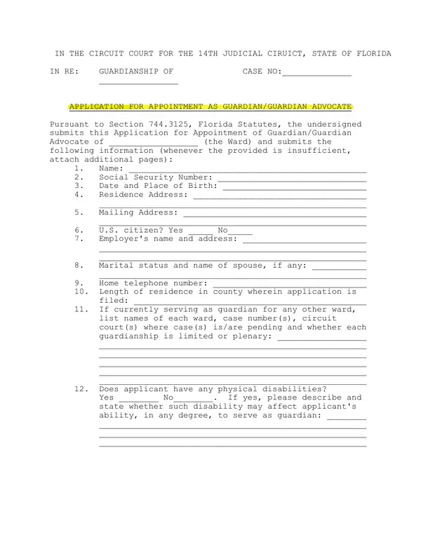 First page of Application for Appointment As Guardian/Guardian Advocate