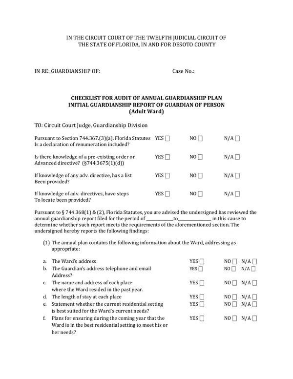 First page of CHECKLIST FOR AUDIT OF ANNUAL GUARDIANSHIP PLAN INITIAL GUARDIANSHIP REPORT OF GUARDIAN OF PERSON (Adult Ward)