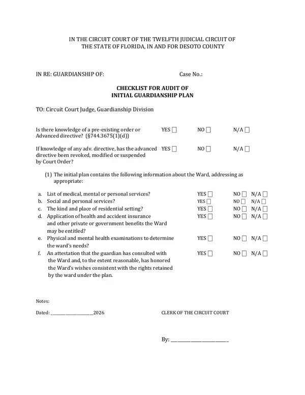 First page of Checklist for Audit of Initial Guardianship Plan