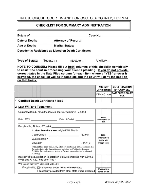 First page of Checklist for Summary Administration
