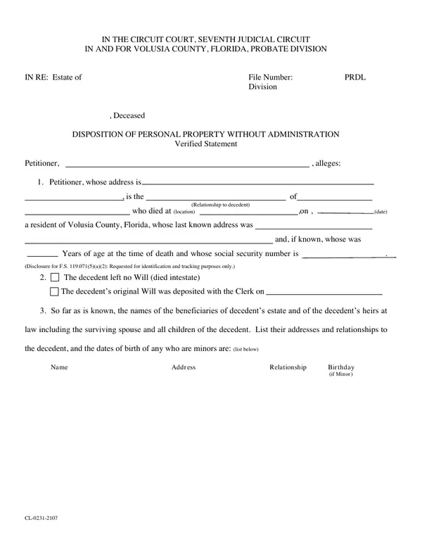 First page of DISPOSITION OF PERSONAL PROPERTY WITHOUT ADMINISTRATION - Verified Statement