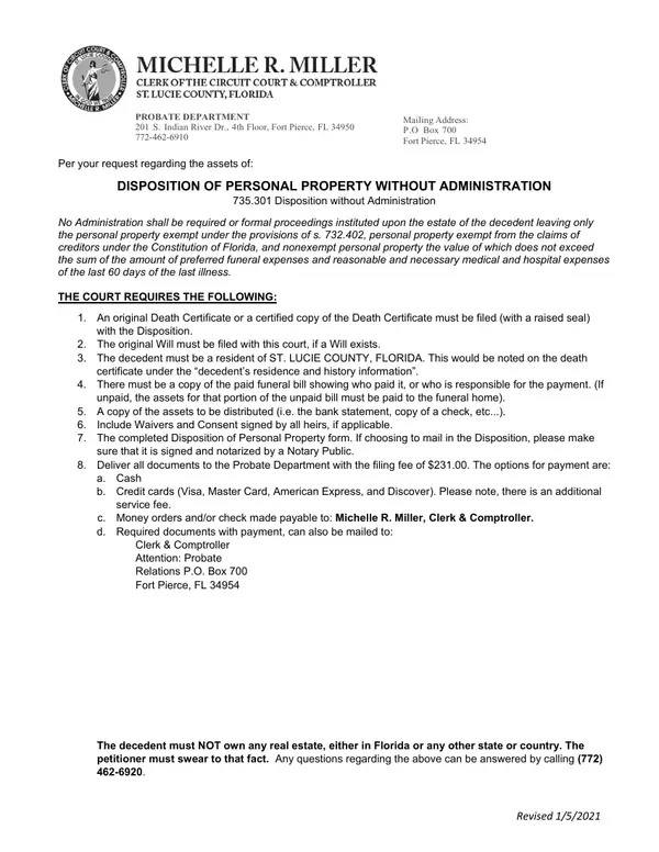 First page of Disposition of Personal Property Without Administration Verified Statement