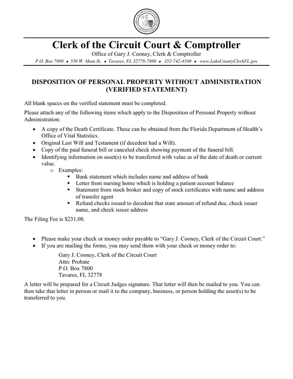First page of Disposition of Personal Property Without Administration (Verified Statement)
