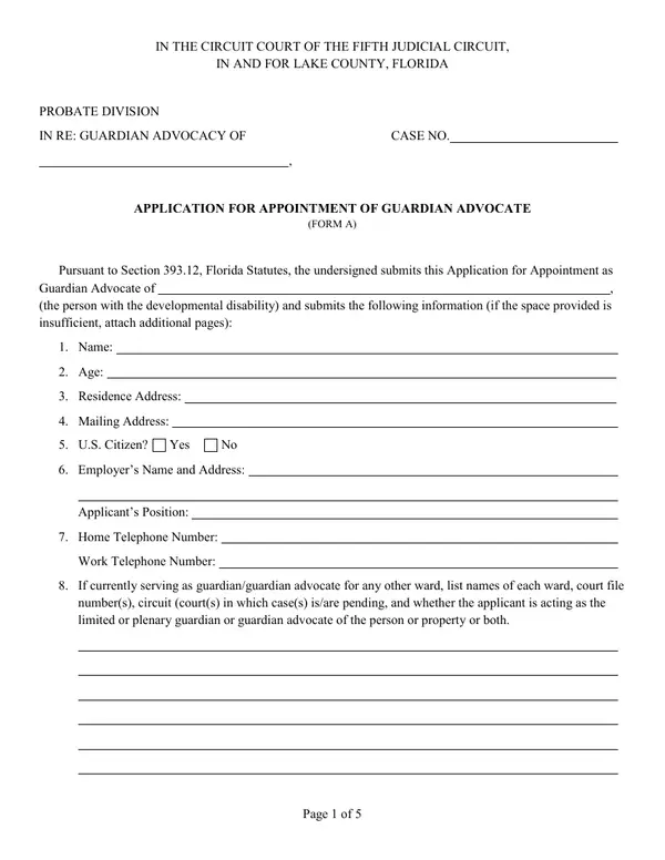 First page of Application for Appointment of Guardian Advocate (Form a)