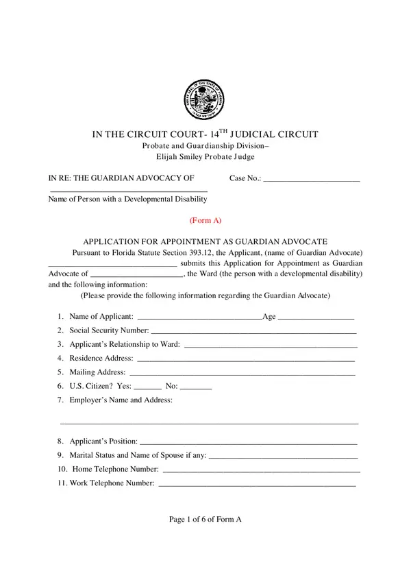 First page of Application for Appointment As Guardian Advocate