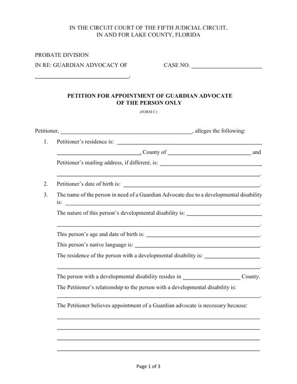 First page of Petition for Appointment of Guardian Advocate of the Person Only