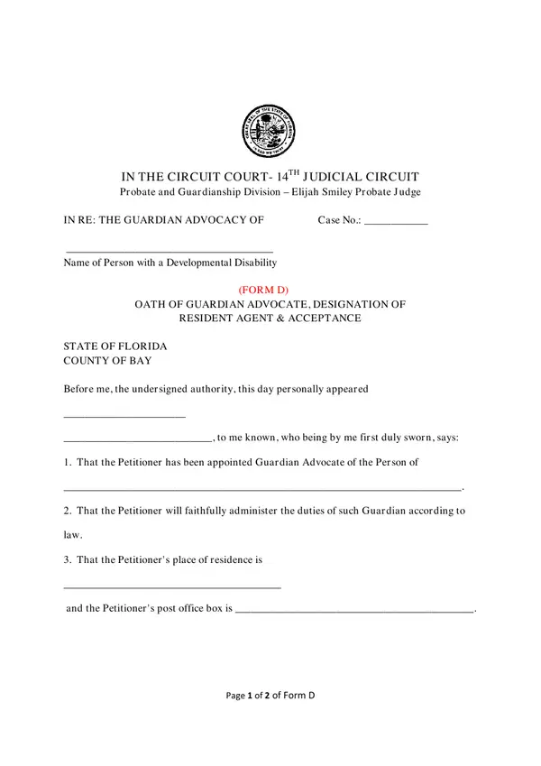 First page of Oath of Guardian Advocate, Designation of Resident Agent & Acceptance