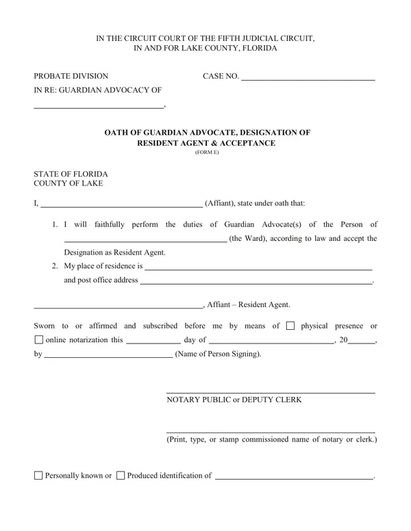 First page of Oath of Guardian Advocate, Designation of Resident Agent & Acceptance