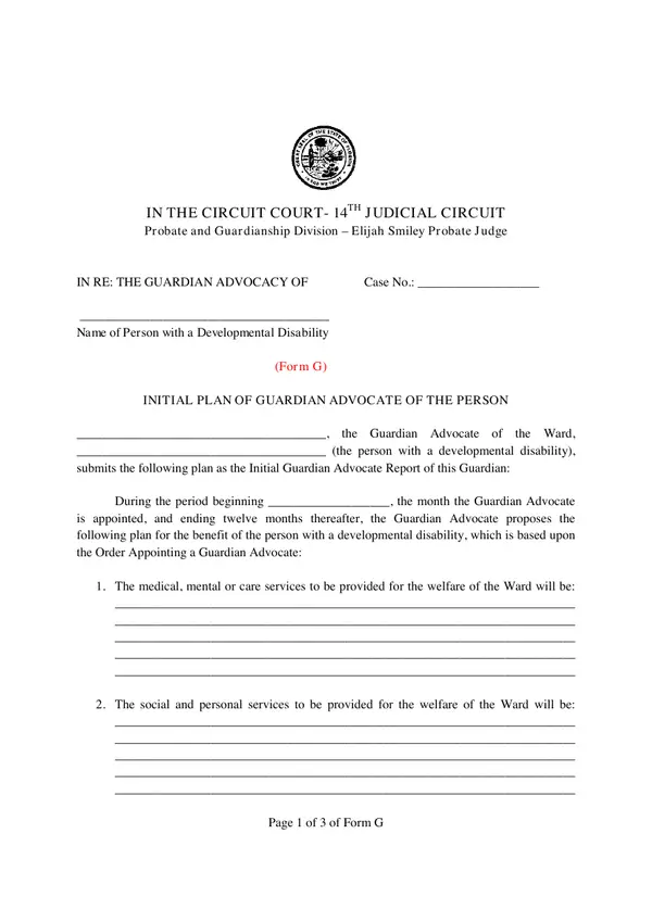 First page of Initial Plan of Guardian Advocate of the Person