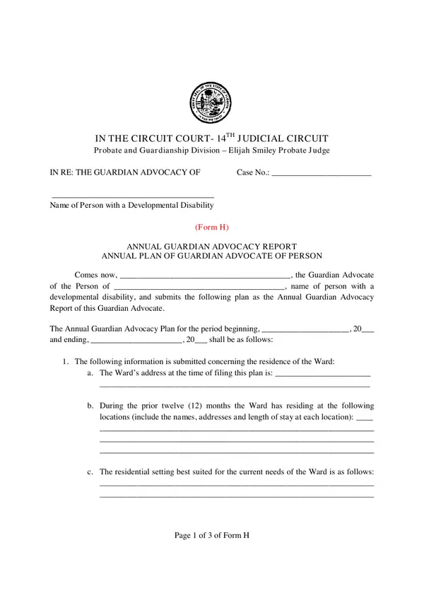 First page of Annual Guardian Advocacy Report Annual Plan of Guardian Advocate of Person