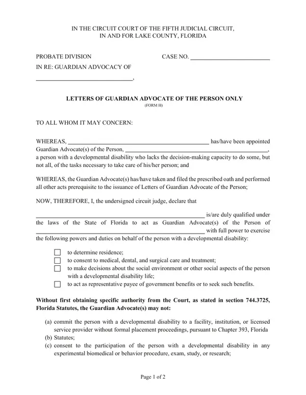 First page of Letters of Guardian Advocate of the Person Only