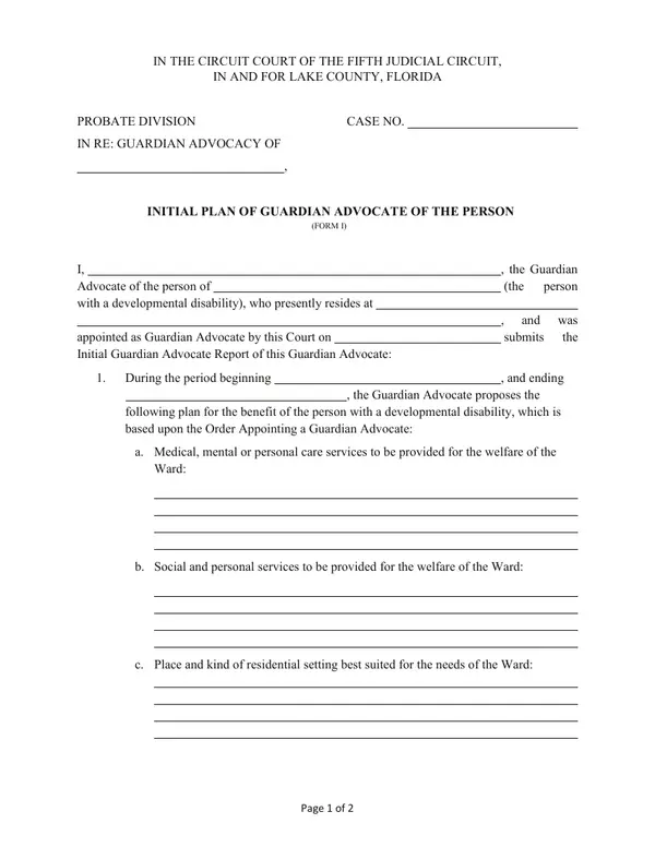 First page of Initial Plan of Guardian Advocate of the Person