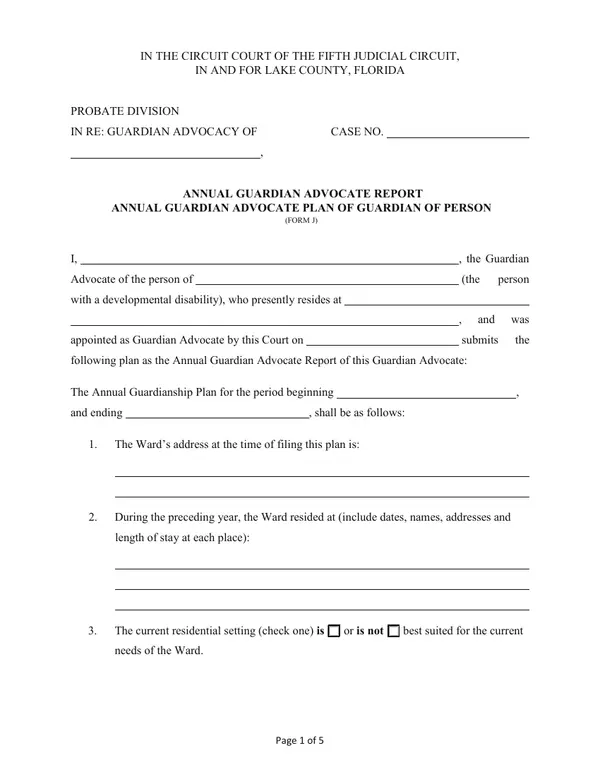 First page of Annual Guardian Advocate Report / Annual Guardian Advocate Plan of Guardian of Person