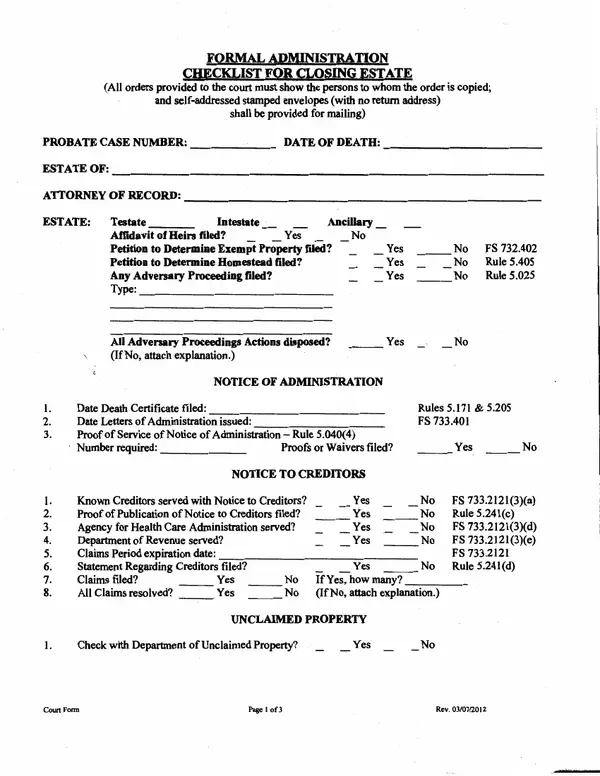 First page of Formal Administration Checklist for Closing Estate