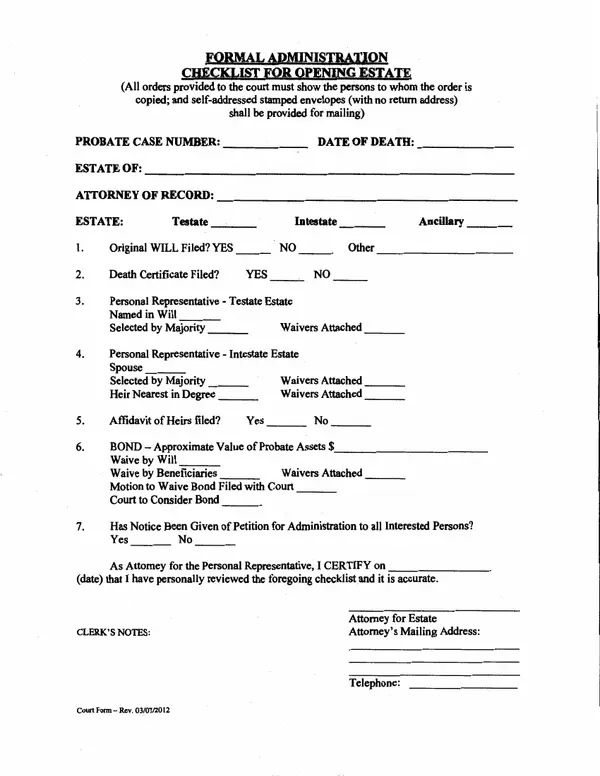 First page of Formal Administration Checklist for Opening Estate