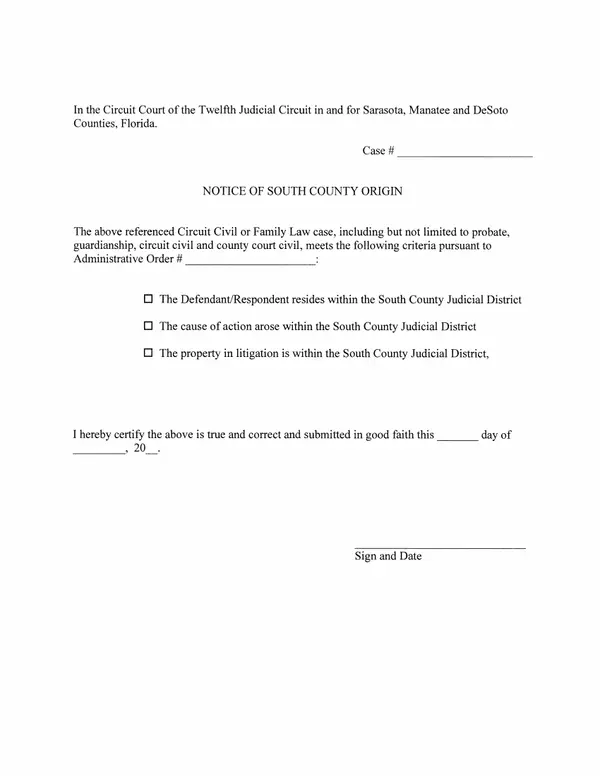 First page of Notice of South County Origin