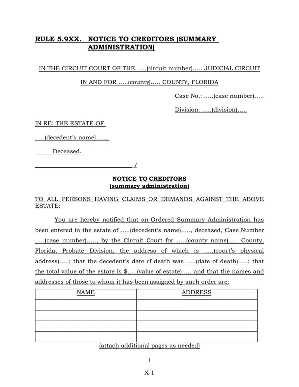 First page of Notice to Creditors (Summary Administration)