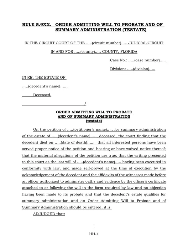 First page of Order Admitting Will to Probate and of Summary Administration (Testate)