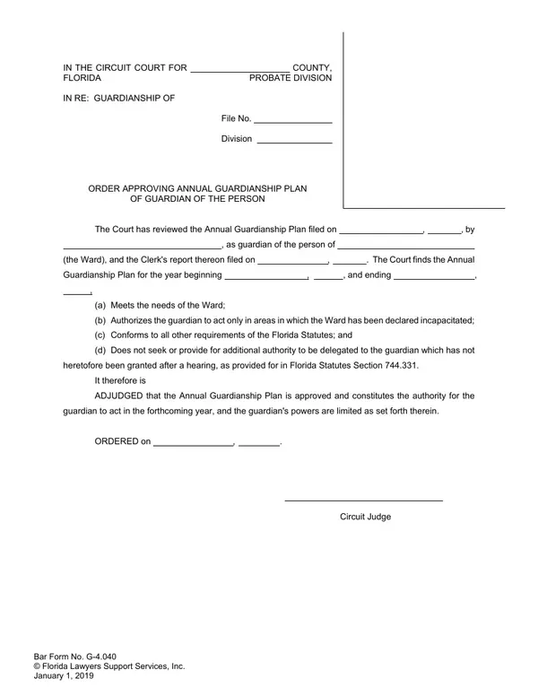First page of Order Approving Annual Guardianship Plan of Guardian of the Person
