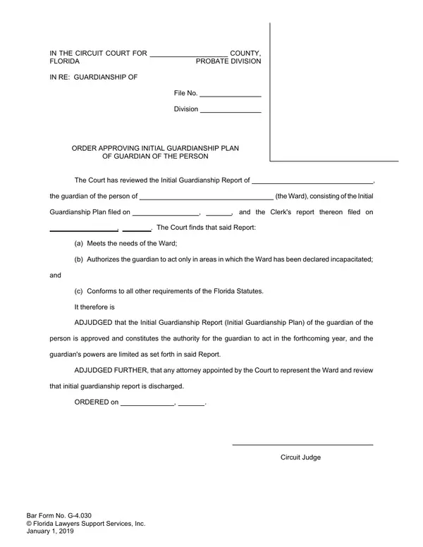First page of Order Approving Initial Guardianship Plan of Guardian of the Person