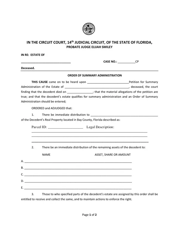 First page of Order of Summary Administration