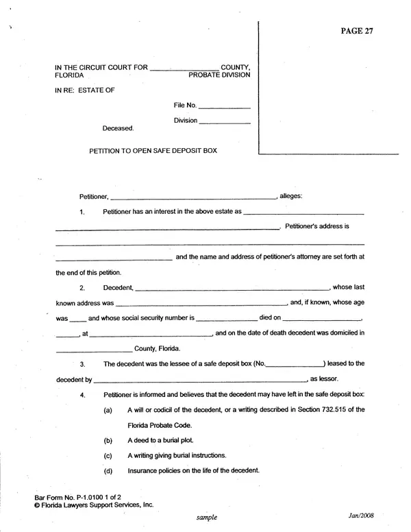 First page of Petition to Open Safe Deposit Box