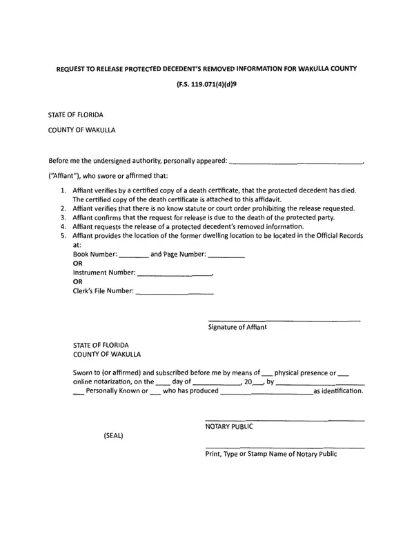 First page of Request to Release Protected Decedent's Removed Information for Wakulla County