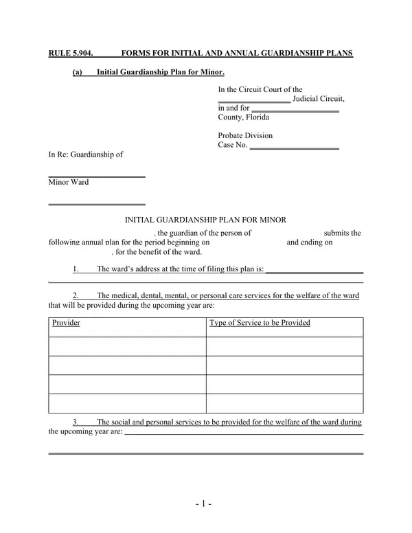 First page of Initial Guardianship Plan for Minor