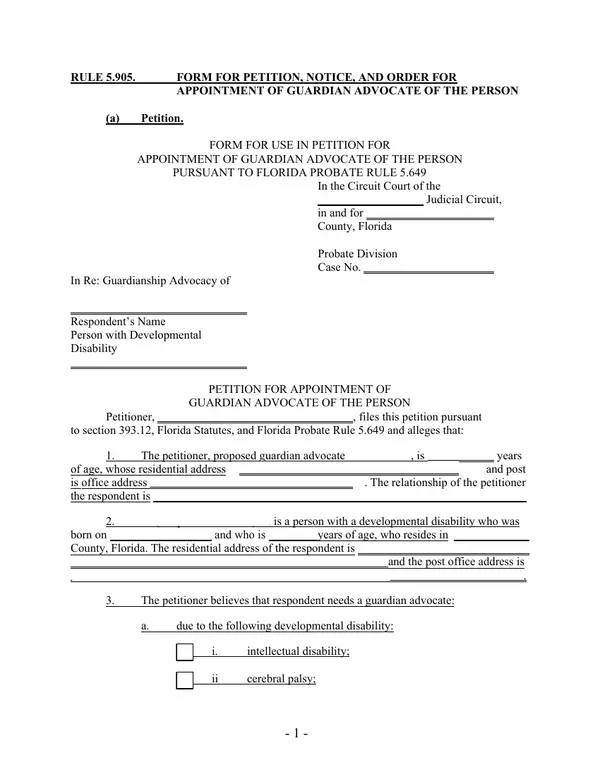 First page of Form for Petition, Notice, and Order for Appointment of Guardian Advocate of the Person
