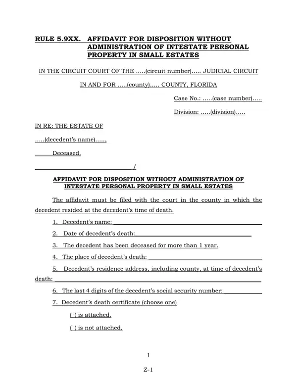 First page of Affidavit for Disposition Without Administration of Intestate Personal Property in Small Estates