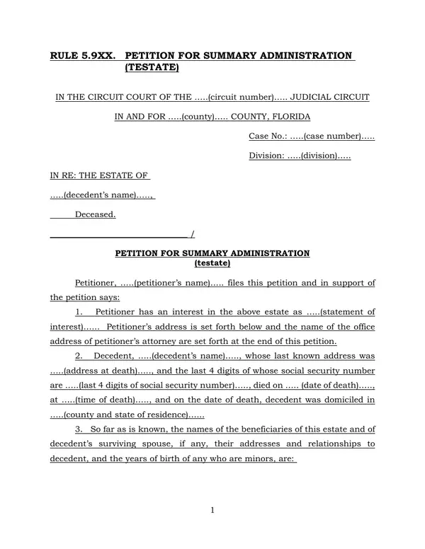 First page of Petition for Summary Administration (Testate)