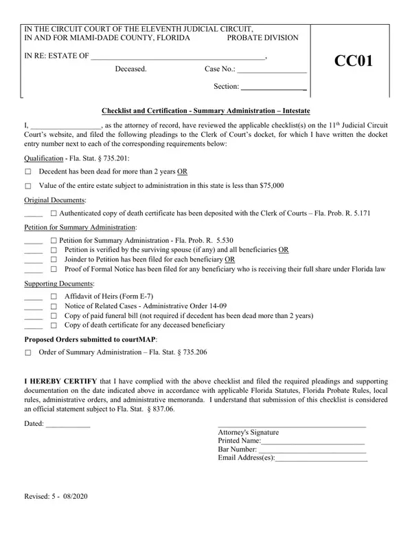 First page of Checklist and Certification - Summary Administration – Intestate