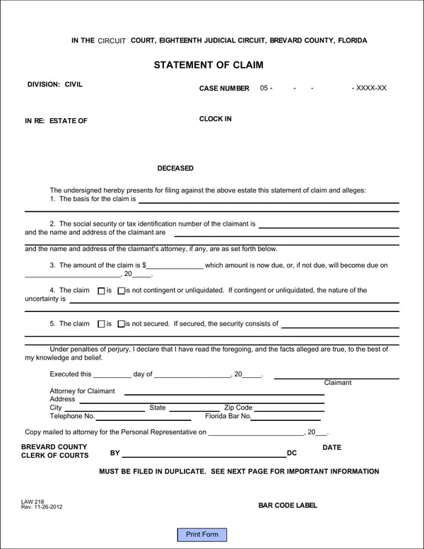 First page of Statement of Claim