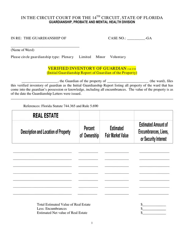 First page of VERIFIED INVENTORY OF GUARDIAN (Initial Guardianship Report of Guardian of the Property)