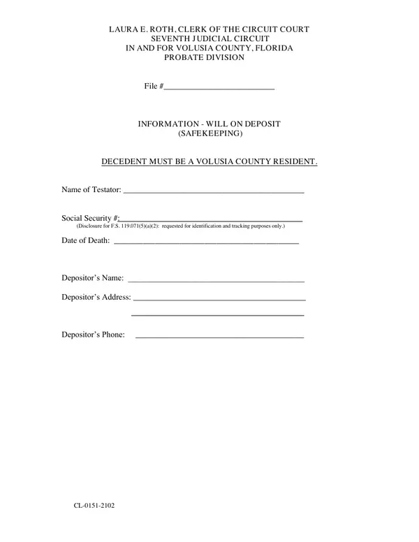First page of Information - Will on Deposit (Safekeeping)